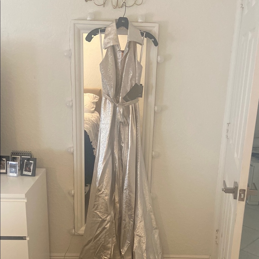 Elegant Theia Silver Sleeveless Gown